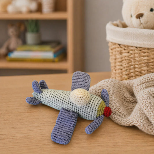 PETIT AMI & ZUBELS - T&B - AIRPLANE HAND-CROCHET RATTLE 6"