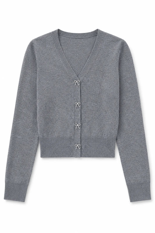 THEME - BG - MICKEY SWEATER CARDIGAN - MID GREY WITH BOW DIAMOND BUTTONS