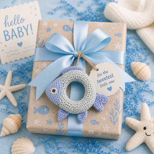 PETIT AMI & ZUBELS - T&B - FISH BAMBOO CROCHET RING RATTLE 5"