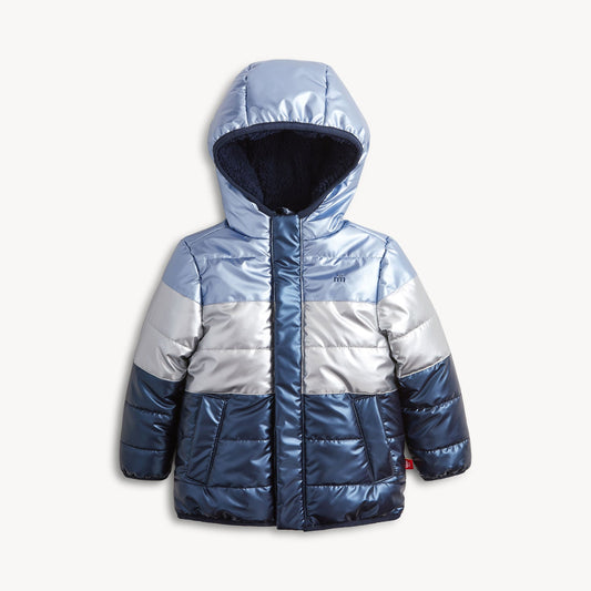 MAGNETIC ME - BBY - BLUE COLORBLOCK METALLIC PUFFER JACKET