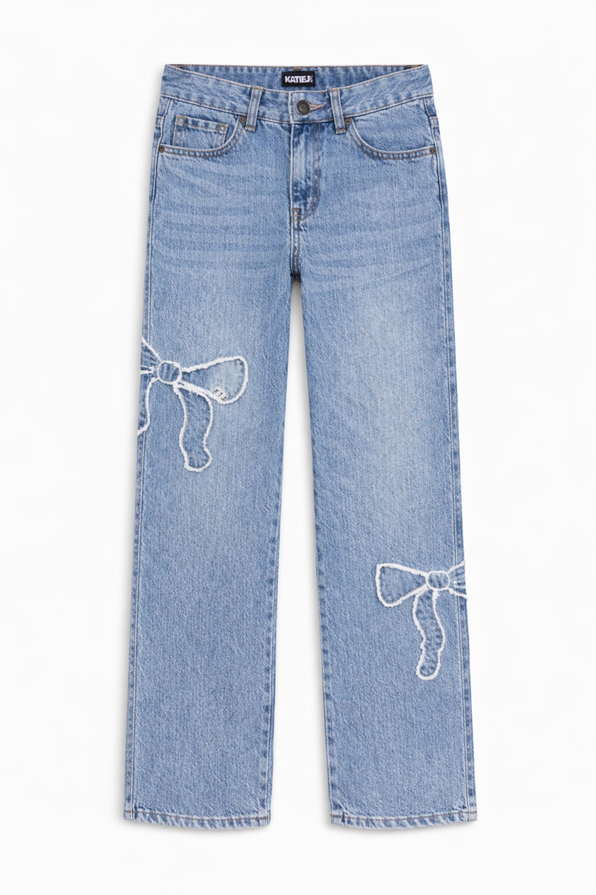 KATIE J NYC DISTRESSED BOW APPLIQUE JEAN LIGHT WASH BOW