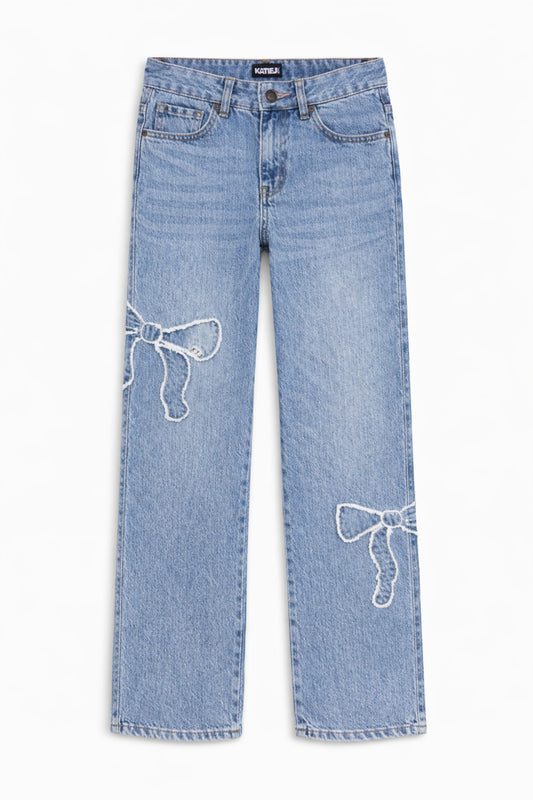 KATIE J NYC DISTRESSED BOW APPLIQUE JEAN LIGHT WASH BOW