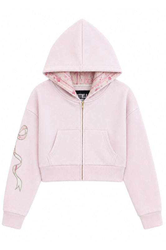 KATIE J NYC DYLAN CROP ZIP BOW APPLIQUE PALE PINK ROSE FLORAL