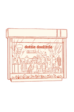 Illustration of Dottie Doolittle store window display with branding.