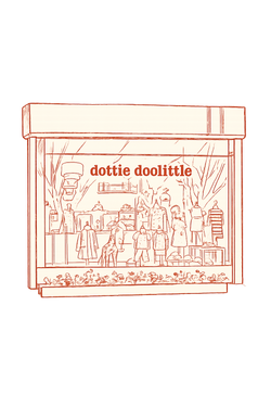 Illustration of Dottie Doolittle store window display with branding.
