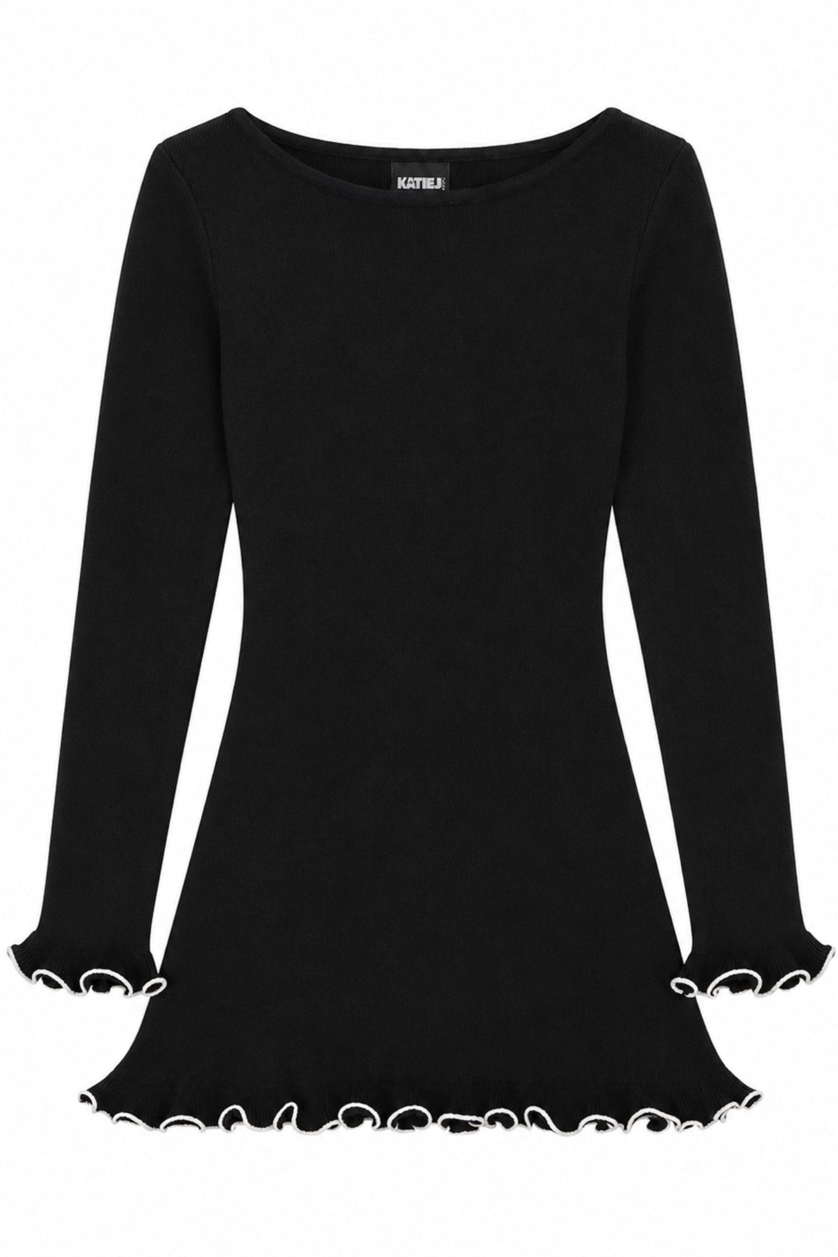 KATIE J NYC ELLIS LETTUCE EDGE LS DRESS BLACK IVORY