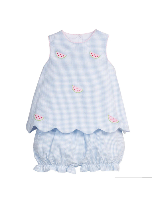 LITTLE ENGLISH - BBY - EMBROIDERED BOW BACK BLOOMER SET - WATERMELON