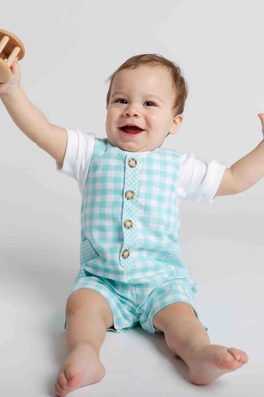 FLORENCE EISEMAN - BBY - GINGHAM LINEN-LOOK SHORTALL - GREEN