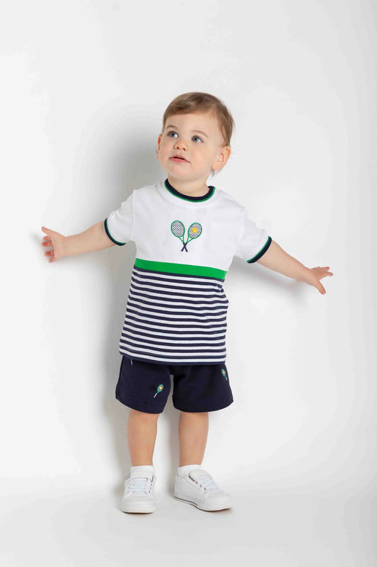 FLORENCE EISEMAN - TB - KNIT SHORT SET W/TENNIS RACKETS  - NAVY/WHITE