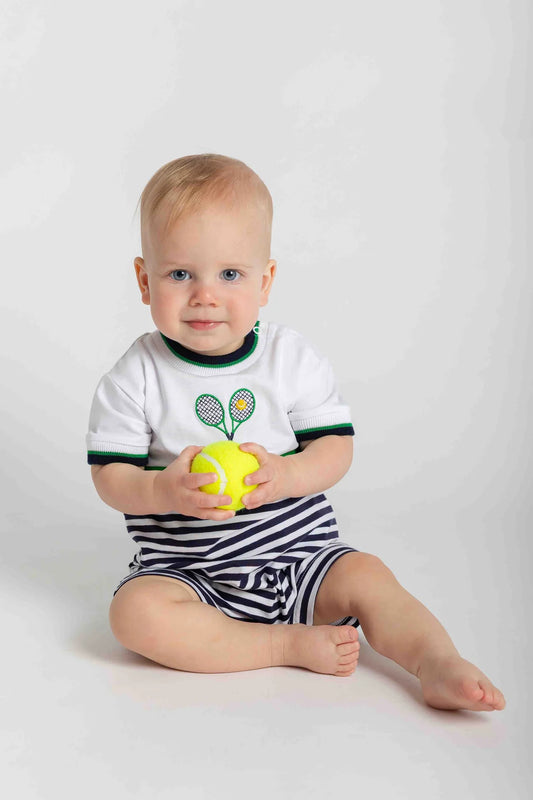 FLORENCE EISEMAN - BBY - STRIPE KNIT SHORTALL W/TENNIS RACKETS  - NAVY/WHITE