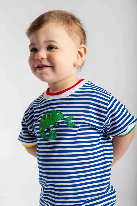 FLORENCE EISEMAN - TB - STRIPE KNIT TSHIRT WITH LIZARD - BLUE