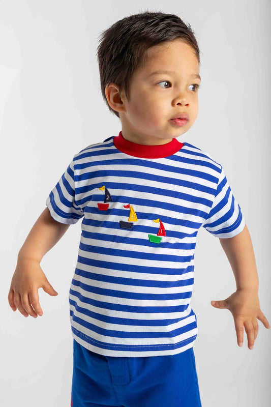 FLORENCE EISEMAN - TB - KNIT SHORT SET WITH SAILBOATS  - BLUE