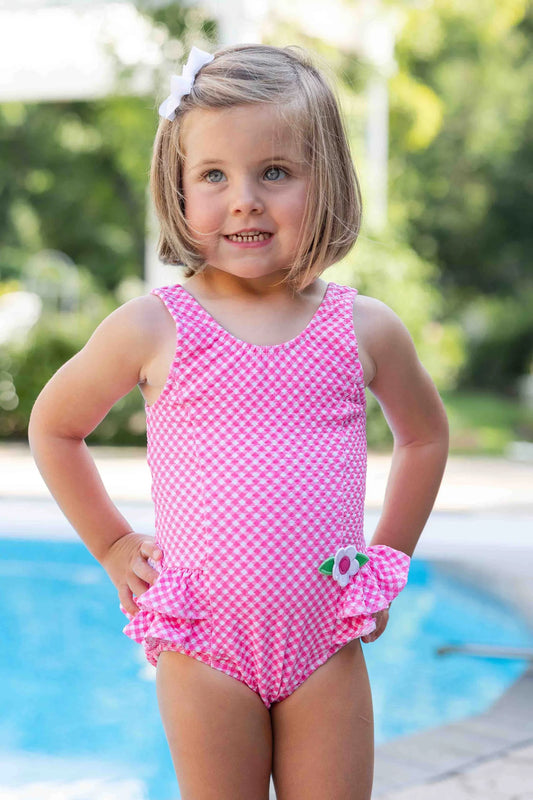 FLORENCE EISEMAN - TG - GINGHAM SWIMSUIT W/RUFFLES AND FLOWER - PINK