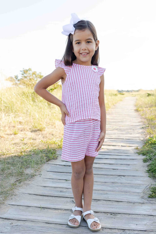 FLORENCE EISEMAN - TG - STRIPE GAUZE TOP AND SHORTS - CORAL/WHITE