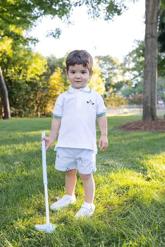 FLORENCE EISEMAN - TB - CHECK SEERSUCKER SHORT W/EMB GOLF CLUBS - WHITE