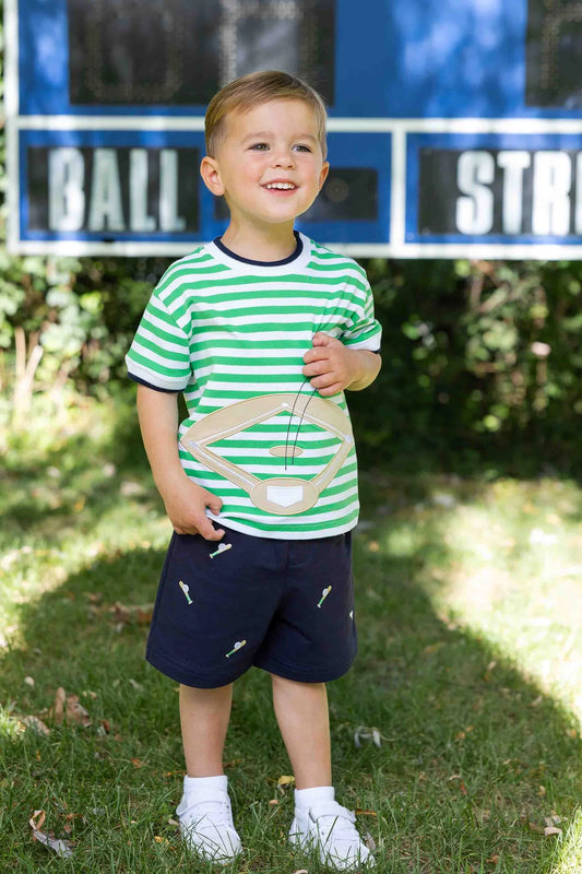 FLORENCE EISEMAN - TB - KNIT SHORT SET WITH BASEBALL FIELD  - GREEN/NAVY