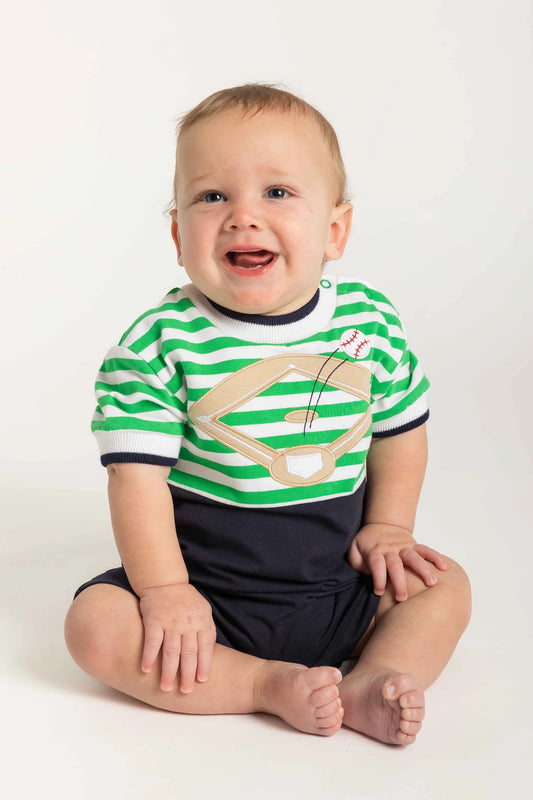 FLORENCE EISEMAN - BBY - STRIPE KNIT SHORTALL WITH BASEBALL FIELD  - GREEN/NAVY