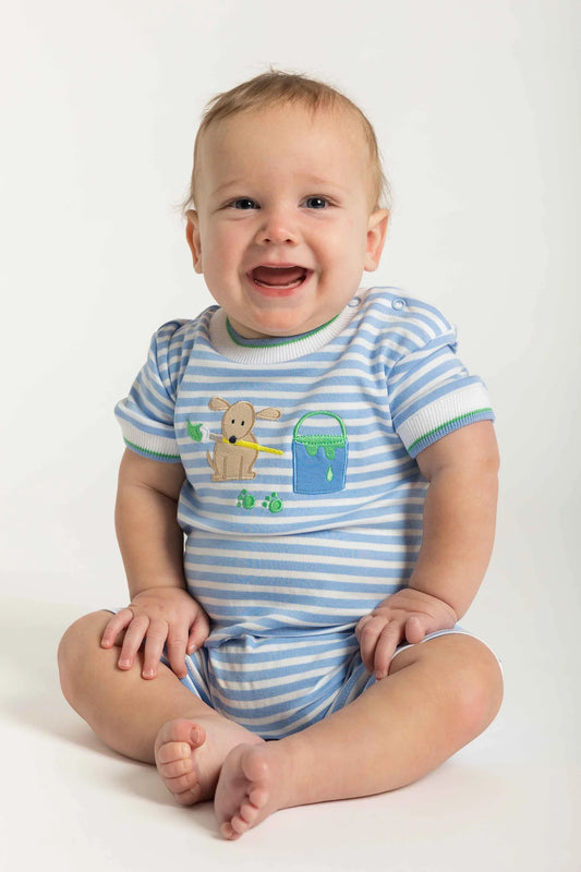 FLORENCE EISEMAN - BBY - STRIPE KNIT SHORTALL WITH PAINTING DOG  - BLUE