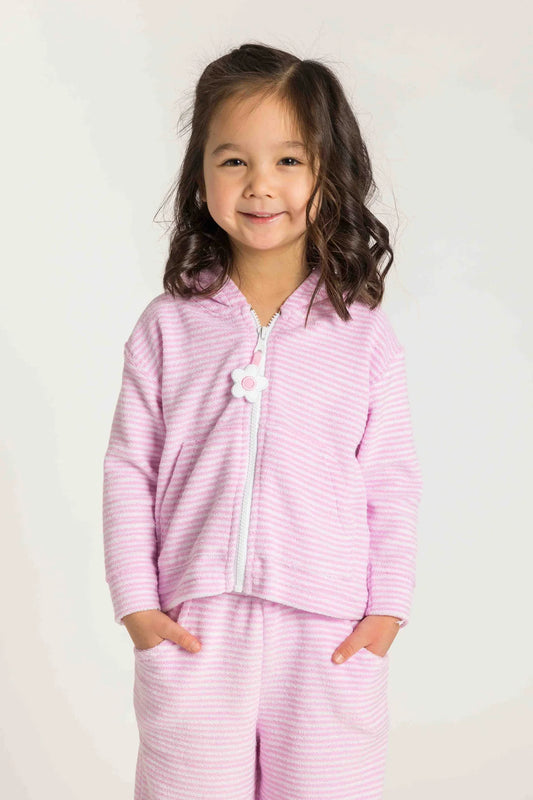 FLORENCE EISEMAN - TG - STRIPE TERRY HOODIE W/FLOWER COVERUP - PINK/WHITE