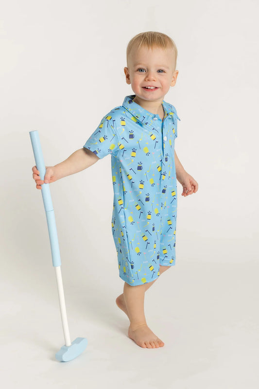 FLORENCE EISEMAN - BBY - GOLF PRINT PERFORMANCE KNIT SHORTALL - BLUE