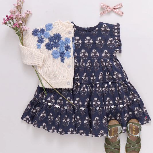 PINK CHIICKEN - TG - GIRLS PEACHY DRESS - NAVY STRAWFLOWER