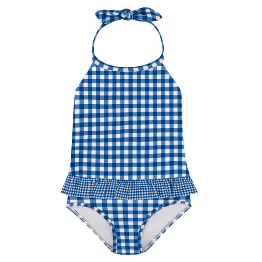 MINNOW - BG - GIRLS NAVY GINGHAM RUFFLE HALTER ONE PIECE - NAVY GINGHAM