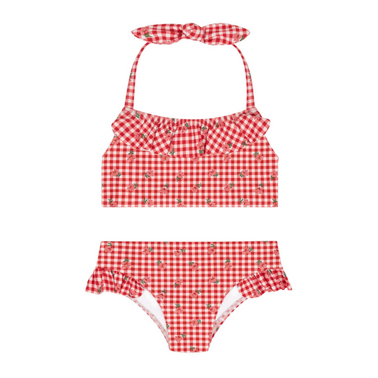 MINNOW - BG - GIRLS FLORAL GINGHAM HALTER SCOOP NECK BIKINI