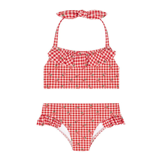 MINNOW - BG - GIRLS FLORAL GINGHAM HALTER SCOOP NECK BIKINI - RED GINGHAM