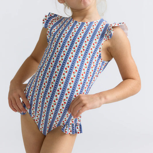 MINNOW - BG - GIRLS STRAWBERRY FIELDS RUFFLE CAP SLEEVE RASHGUARD ONE PIECE - STRAWBERRY FIELDS RED