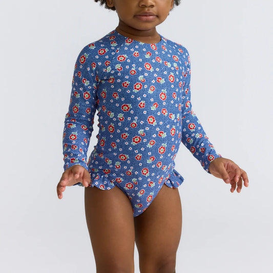 MINNOW - TG - GIRLS NAVY FLORAL RASHGUARD ONE PIECE - NAVY FLORAL