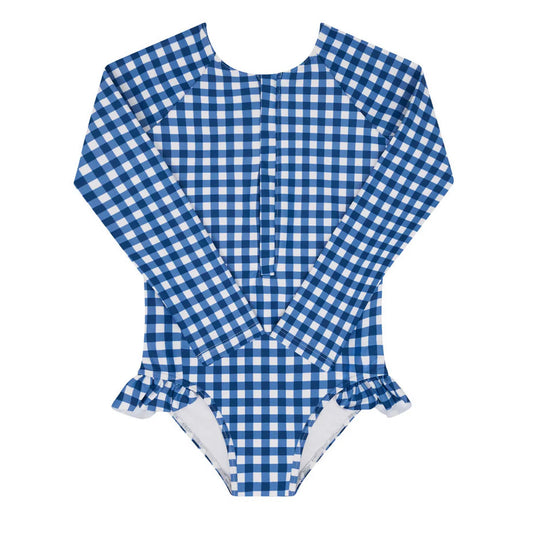 MINNOW - BG - GIRLS NAVY GINGHAM FRONT ZIP RASHGUARD ONE PIECE - NAVY GINGHAM
