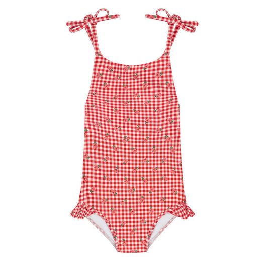 MINNOW - BG - GIRLS FLORAL GINGHAM FRONT TIE STRAP HALTER ONE PIECE - RED GINGHAM