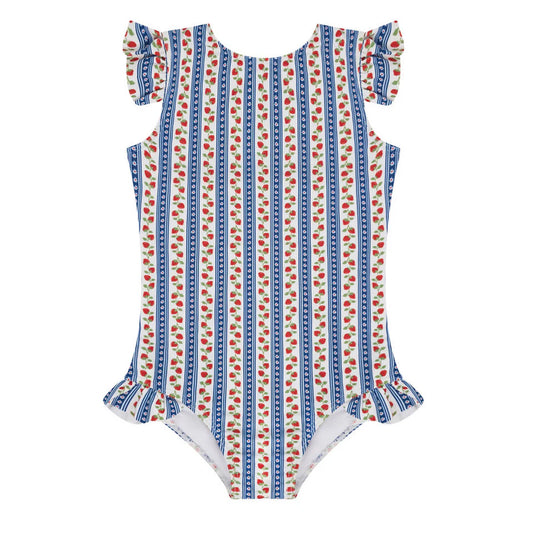 MINNOW - BG - GIRLS STRAWBERRY FIELDS RUFFLE CAP SLEEVE RASHGUARD ONE PIECE - STRAWBERRY FIELDS RED
