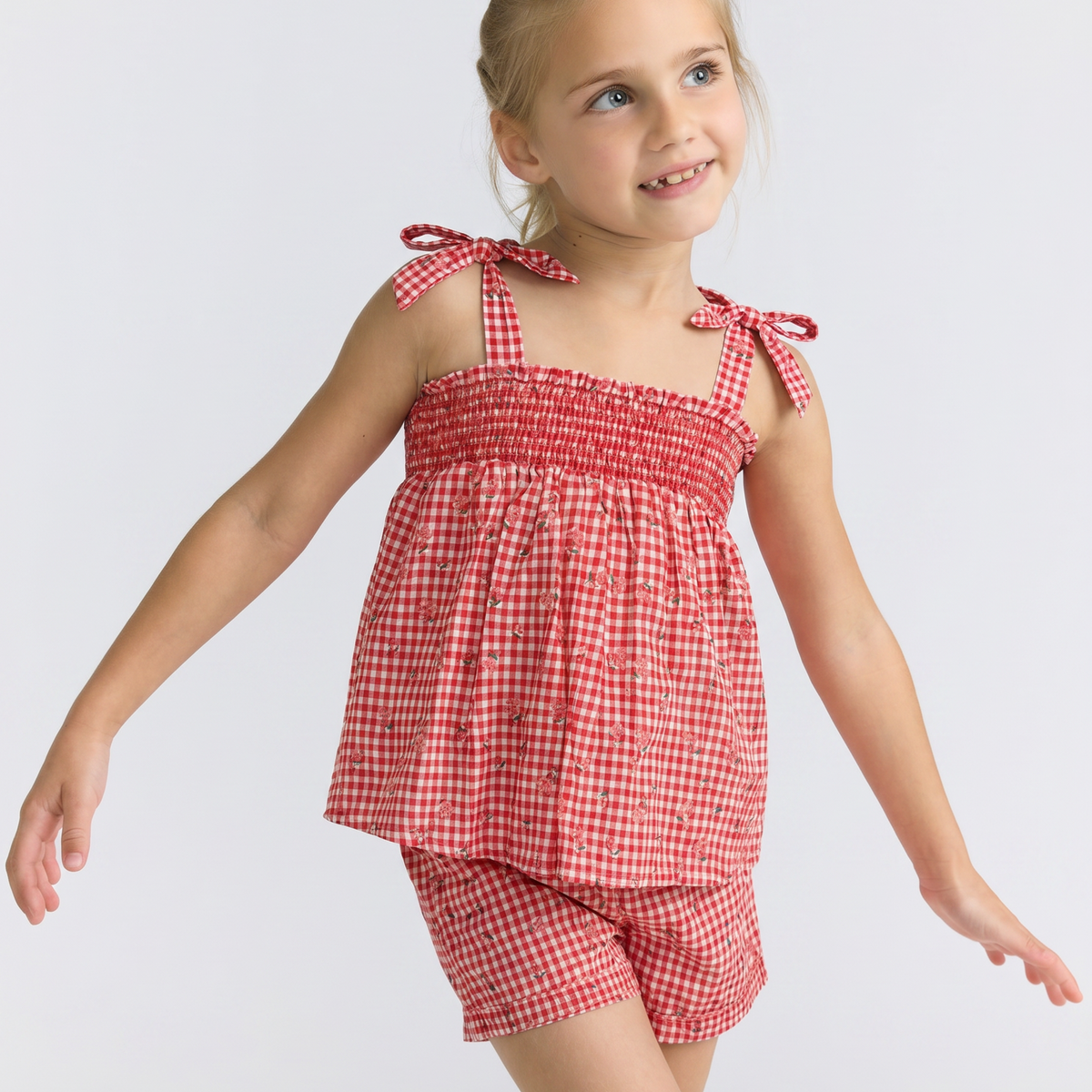 MINNOW - TG - GIRLS SMOCKED TOP SHORT SET - FLORAL GINGHAM