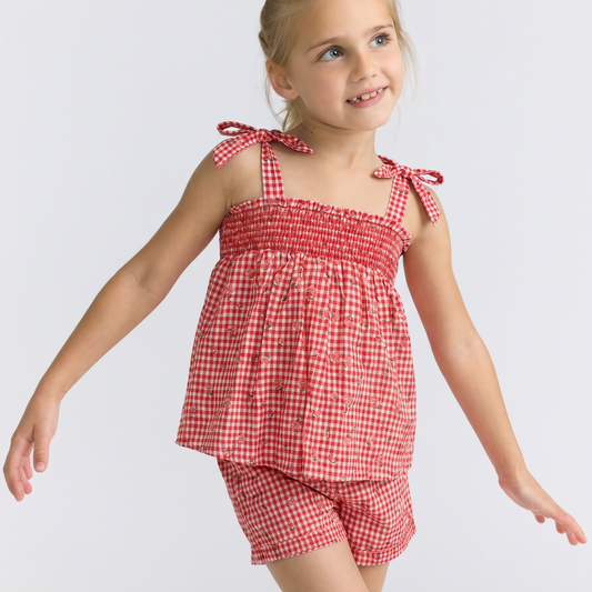 MINNOW - TG - GIRLS SMOCKED TOP SHORT SET - FLORAL GINGHAM