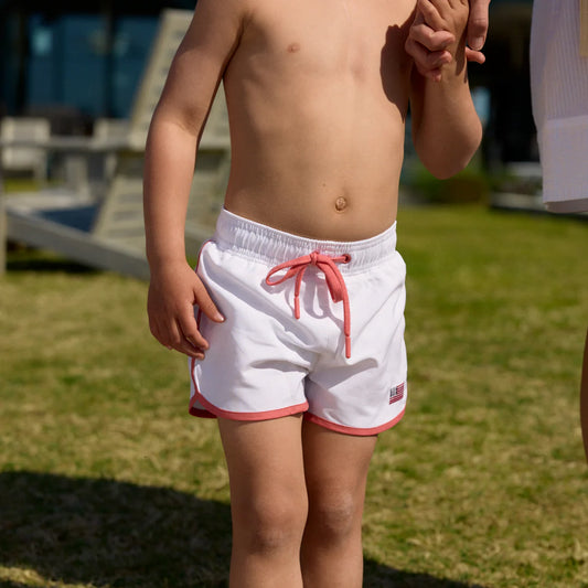MINNOW - BB - BOYS WHITE BOARDIE WITH RED SIDE BINDING - WHITE/RED