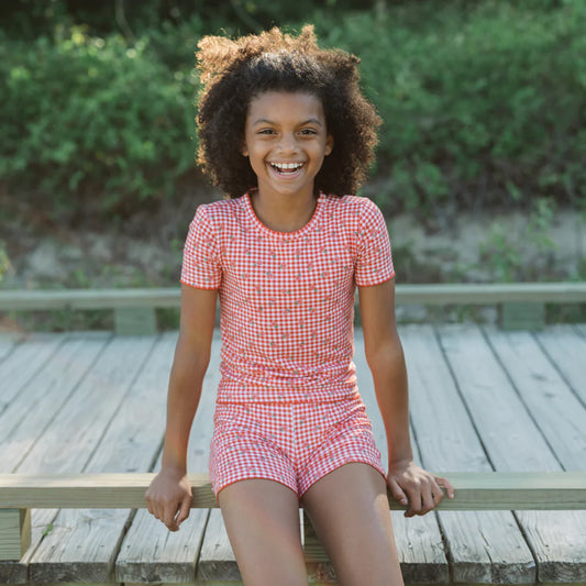 MINNOW - BG - GIRLS FLORAL GINGHAM SHIRT AND SHORT PIMA PAJAMAS SET - RED GINGHAM