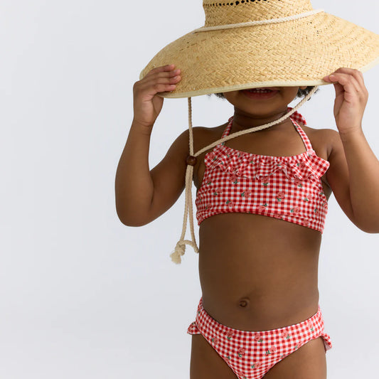 MINNOW - BG - GIRLS FLORAL GINGHAM HALTER SCOOP NECK BIKINI - RED GINGHAM