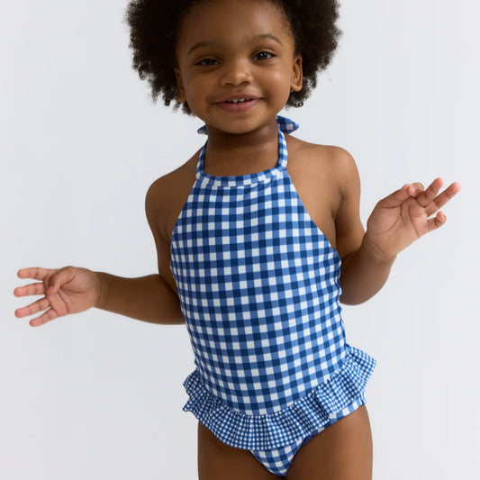 MINNOW - BG - GIRLS NAVY GINGHAM RUFFLE HALTER ONE PIECE - NAVY GINGHAM