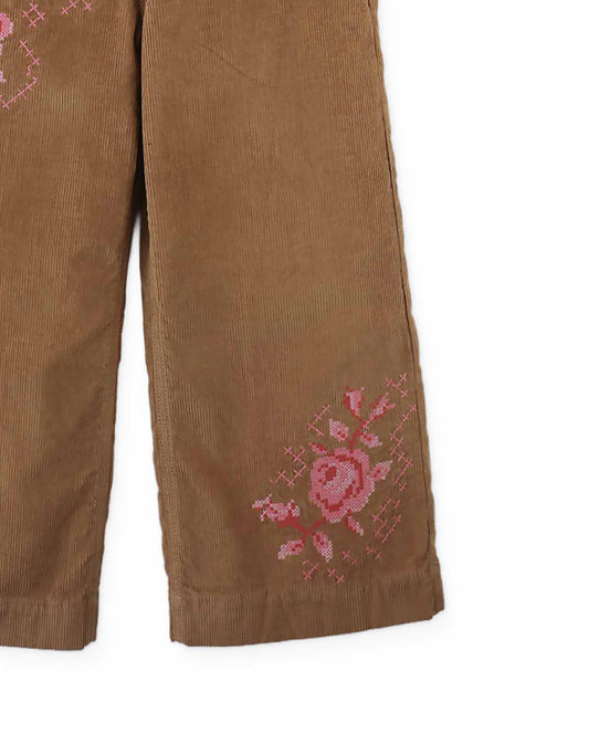 GINGERSNAPS - BG - LOREINE WIDE LEG CORDUROY PANTS WITH ROSE DETAILS - BROWN