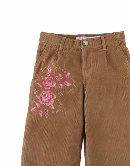 GINGERSNAPS - BG - LOREINE WIDE LEG CORDUROY PANTS WITH ROSE DETAILS - BROWN