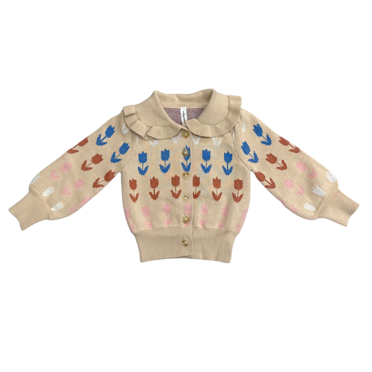 BABYSPROUTS - TG - FLORAL KNIT CARDIGAN - BEIGE TULIP INTARSIA