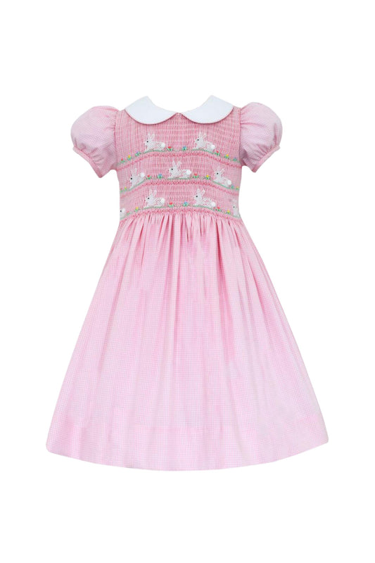 ANAVINI - TG - WHITE BUNNIES SMOCKED DRESS - PINK GINGHAM