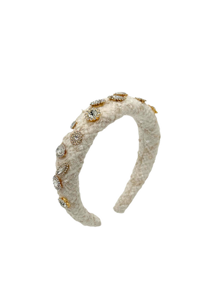 Jeweled Padded Tweed Headband - Ivory