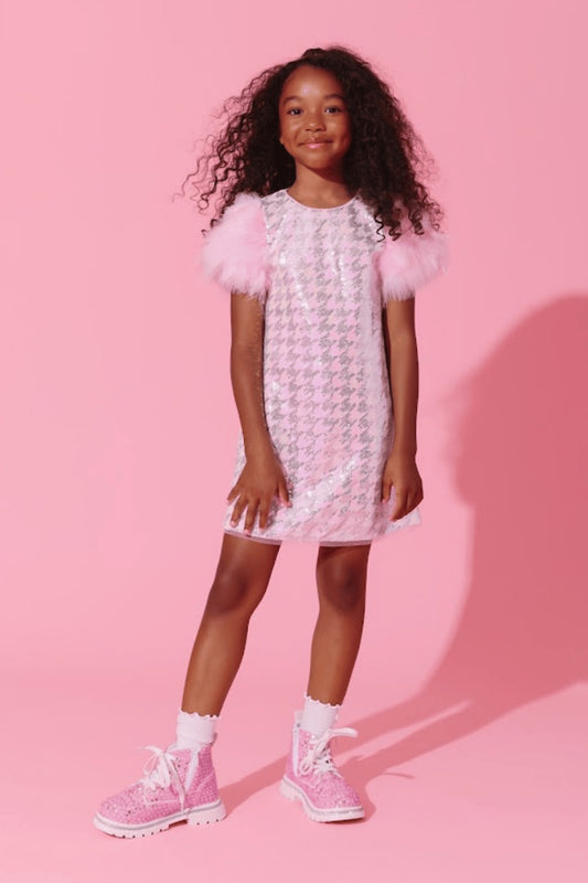 LOLA AND THE BOYS - BG - HOUNDSTOOTH SEQUIN FEATHER SLEEVE PARTY DRESS - PINK