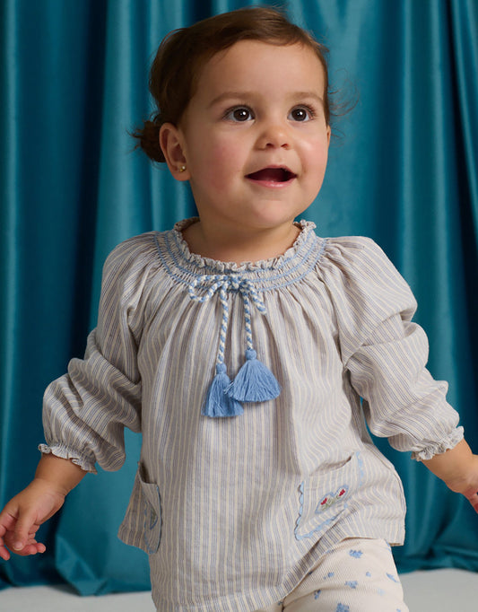 GINGERSNAPS - TG - RUTH STRIPED BLOUSE WITH SMOCKED NECKLINE - BLUE