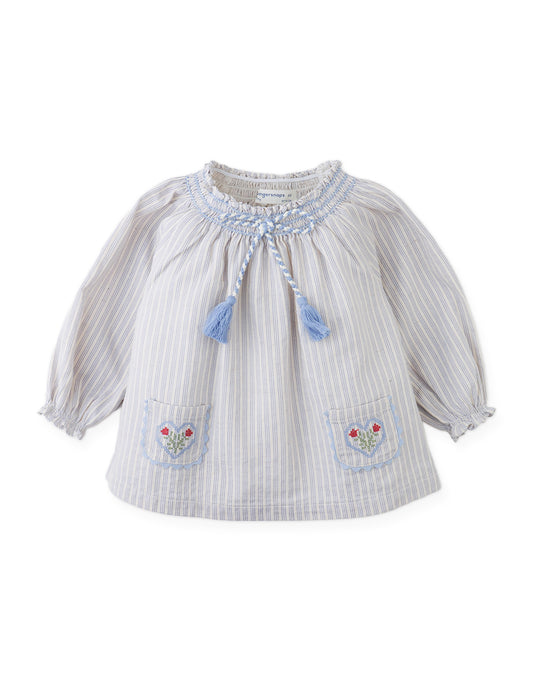 GINGERSNAPS - TG - RUTH STRIPED BLOUSE WITH SMOCKED NECKLINE - BLUE