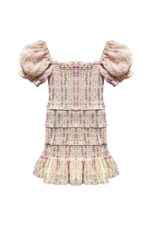 KATIE J - BG - TWEEN LAILA PRINTED SMOCKED PUFF SLEEVE DRESS - SHABBY FLORAL STRIPE