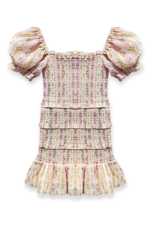 KATIE J - BG - TWEEN LAILA PRINTED SMOCKED PUFF SLEEVE DRESS - SHABBY FLORAL STRIPE