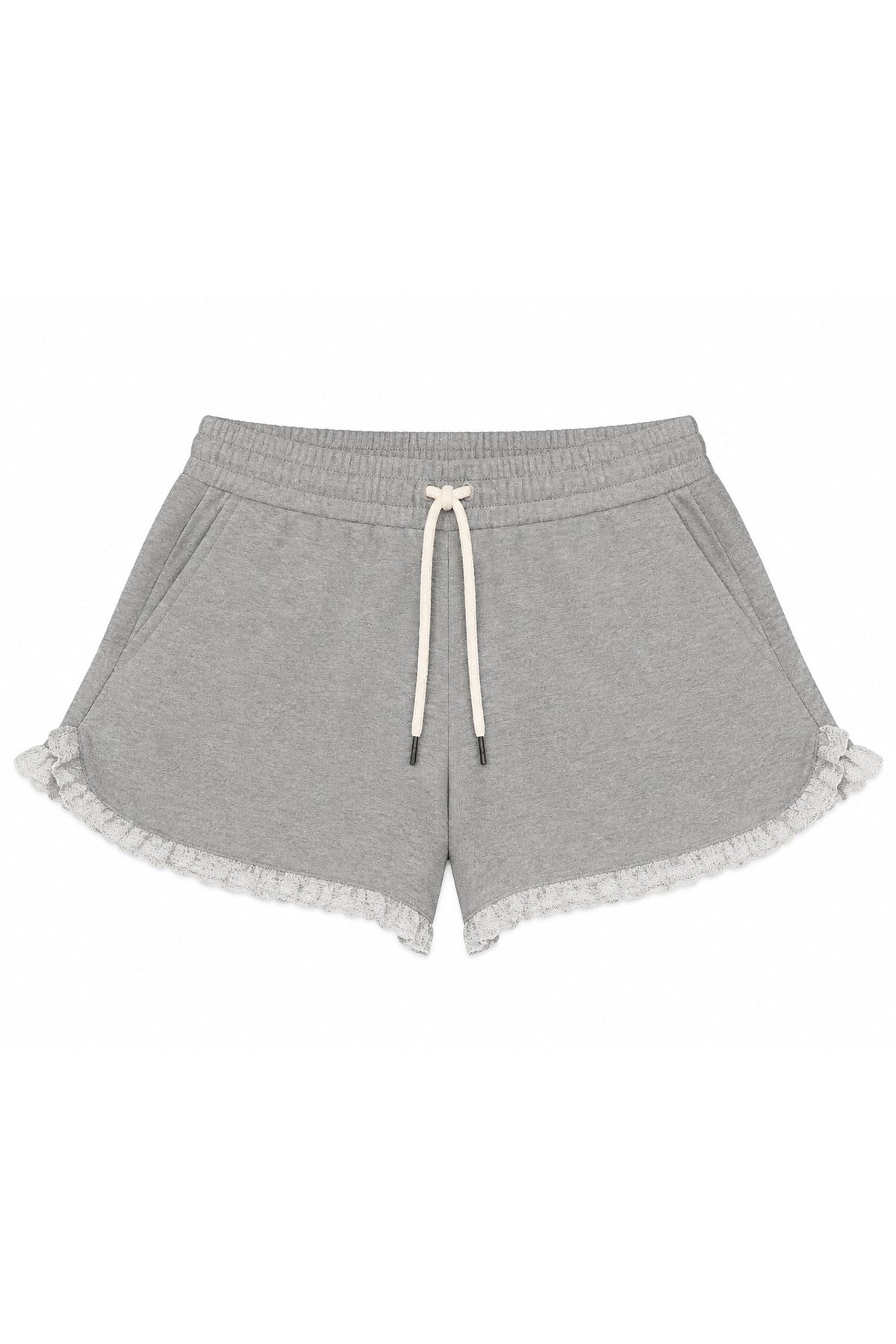 KATIE J NYC LANDEN LACE TRIMMED FLEECE SWEAT SHORTS LIGHT HEATHER GREY